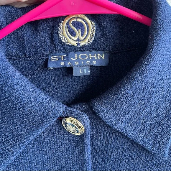 St. John Basics Cardigan Womens L Navy Blue Santana Knit Jacket Sweater Luxury - Picture 3 of 9